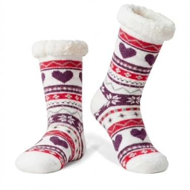 Imagem de LIGHT DOT Meias femininas de inverno forradas de lã de ovelha com estampa de coração, antiderrapante, aderente, aconchegante, macia, quente, presente de Natal, Roxo, branco, 6-10