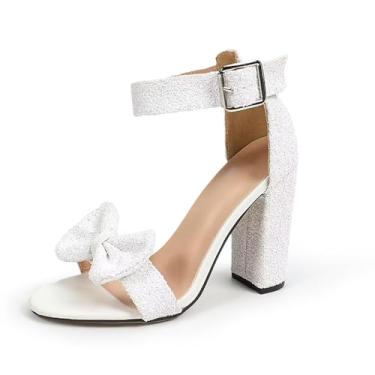 Imagem de GATUXUS Sandálias femininas grossas de salto alto com glitter, bico aberto, tira no tornozelo, salto bloco, Branco, 40