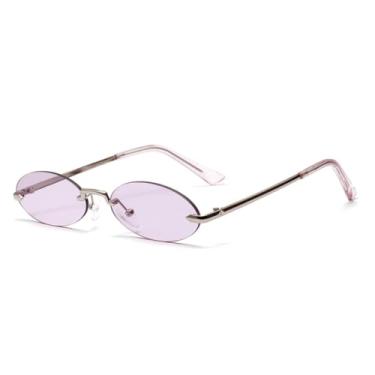 Imagem de Óculos de Sol Retrô Pequenos Ovais Sem Armação Feminino Unissex com Lentes Transparentes Rosa (Prateado-Roxo)