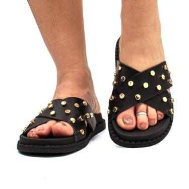 Imagem de Sandalia Casual Papete Feminina Flat Enfeite Metal Brilho Metalizado Plataforma Flatform (PRETO, BR, Adulto, Numérico, 38)