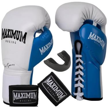 Imagem de Kit Luva De Boxe Profissional com Cadarço Branco/Azul + Bandagem + Protetor Bucal Maximum Pro Series-Unissex