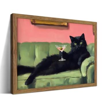 Imagem de Impressão de arte de parede emoldurada de gato preto com Martini, pinturas de decoração de gato fofo caprichoso, decoração de carrinho de bar, imagens engraçadas de animais em tela estética para casa