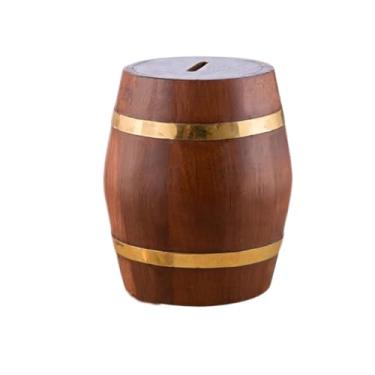 Imagem de ZABEES Caixa de armazenamento de moedas de barril de madeira Cofrinho de carvalho Caixa de depósito de dinheiro da sorte Ornamentos de presente de alta capacidade