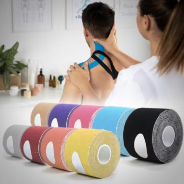 Imagem de Fita Kinesiológica Elástica Adesiva 5m x 5cm - Bandagem Esportiva para Suporte Muscular, Fisioterapia, Alívio de Dores e Recuperação - Cores Sortidas