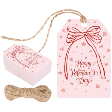 Imagem de FYSUIMU 50 etiquetas de presente de papel feliz dia dos namorados etiquetas em branco rosa vermelho laço coração pendurado etiquetas com corda de cânhamo para presente de festa de aniversário de