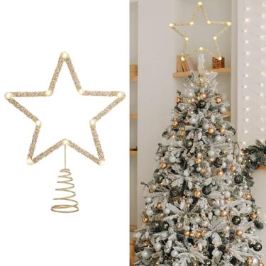 Imagem de Jenaai Topo de árvore de estrela de LED com strass de 24 cm, topo de árvore de Natal, enfeite de árvore de Natal iluminado com glitter para presente de festa de Natal