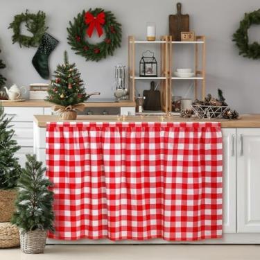 Imagem de VitalCozy Cortinas de armário de Natal 71 cm L x 129 cm C Saia de pia xadrez vermelha branca para banheiro cortinas de armário de cozinha para casa de fazenda cortina rústica sob a mesa cortina de