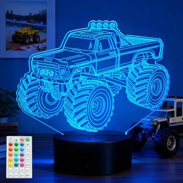 Imagem de Luz noturna Monster Truck, presentes de caminhão monstro, lâmpada de ilusão 3D com controle remoto, 16 cores RGB, 4 modos de piscar, temporizador, regulável, decoração de quarto infantil para férias