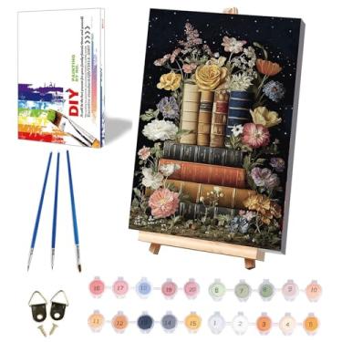 Imagem de xackcme Pintura de livros por números para adultos com tela emoldurada - com cavalete de madeira, pintura de flores por número em tela, livros faça você mesmo, kits de pintura a óleo acrílica com