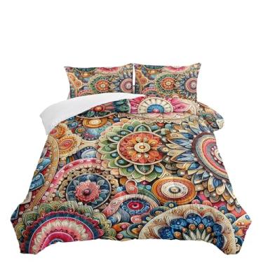 Imagem de Nttopship Jogo de cama King com estampa floral, boêmio, colorido, contemporâneo, de microfibra, vibrante, brilhante, macio, lavável na máquina, leve, 1 edredom com 2 fronhas