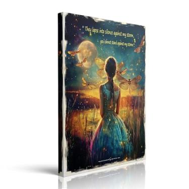 Imagem de Arte de parede em tela com citação inspiradora de menina libélula legal emoldurada, cena noturna de fantasia com lua e estrelas, estampa motivacional de senhora, decoração de casa pronta para pendurar