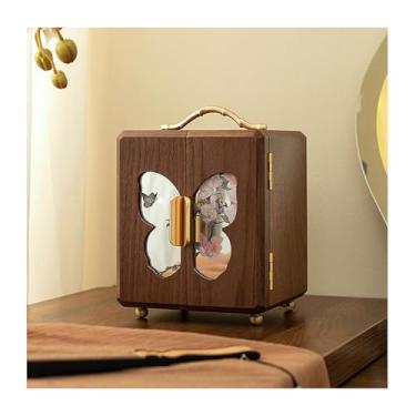 Imagem de Caixa de joias com flores espelhadas portátil, elegante caixa de joias vintage com madeira maciça e artesanato de vidro, quatro ou cinco níveis, grande capacidade, economiza espaço, porta dupla