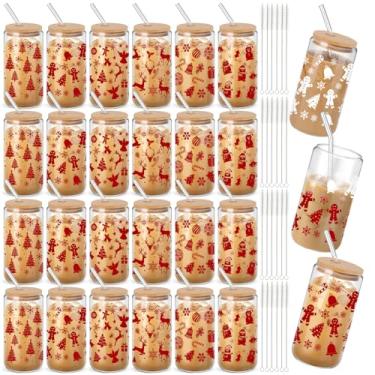 Imagem de Potchen 24 peças de copos de mudança de cor de Natal com tampas e canudos 473 ml Copos de vidro de Natal copo de café gelado de Natal pode moldar copos para decoração de lembrancinhas de festa de
