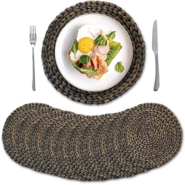 Imagem de Pacote com 10, jogos americanos redondos de tecido, tapetes de vime de jacinto de água natural, tapetes de mesa de palha trançada para mesa de jantar, outono, Halloween, Ação de Graças, tapetes de