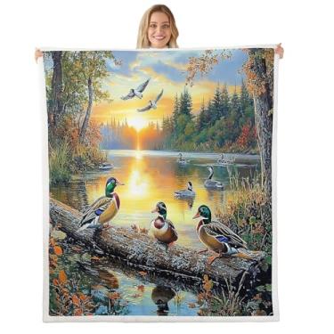 Imagem de Cobertor infantil de pato selvagem, casa do lago na selva, pesca, natureza, rústico, para meninos e meninas, cobertor de lã de caça de animais selvagens, cobertor felpudo verde, tamanho solteiro (152