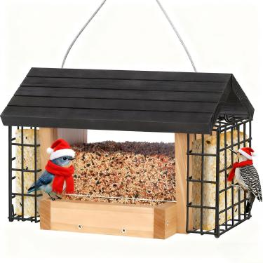 Imagem de Gbekery Alimentador de pássaros Hopper para pendurar ao ar livre, alimentador de pássaros de madeira com gaiola dupla de sebos, grande capacidade de 1,3 kg, alimentador de sebo de madeira de cedro com
