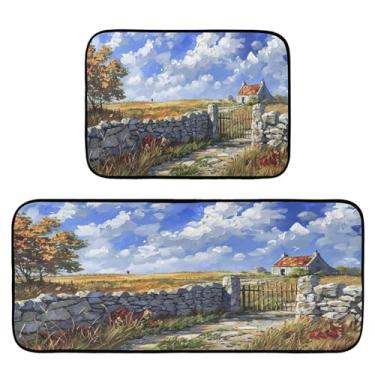 Imagem de Wassud Tapetes de cozinha com pintura a óleo de campo, para decoração de casa, tapetes de cozinha, acolchoados, antifadiga, tapetes de cozinha, antiderrapante, lavável, itens essenciais, conjunto de 2
