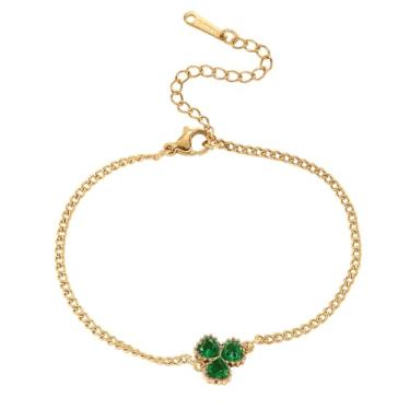 Imagem de Pulseiras femininas delicadas em formato de coração de zircônia cúbica verde trevo dourado da sorte trevo de quatro folhas joias modernas de aço inoxidável para o dia de São Patrício