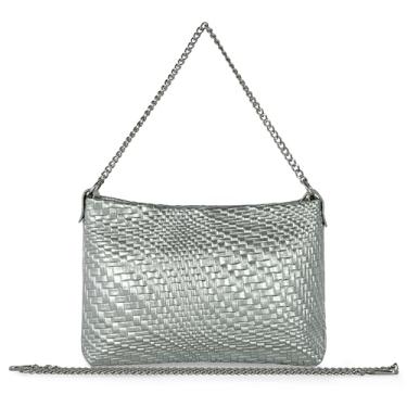 Imagem de Bolsa tiracolo feminina de camurça metálica genuína italiana com zíper e corrente | Bolsa de ombro pequena de tecido, Prata, Small, Bolsa transversal retangular com 2 correntes