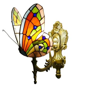 Imagem de Arandela de parede em estilo Tiffany com borboletas, luminária de parede pastoral em vitral, luminária frontal espelhada retrô europeia para quarto, cabeceira, corredor, varanda, E27,A