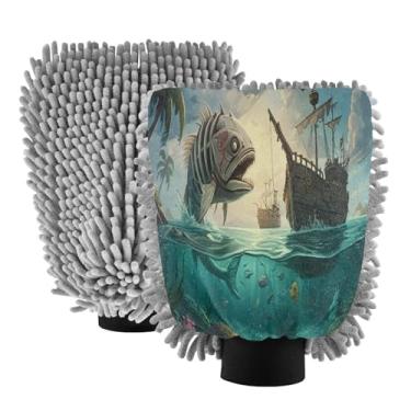 Imagem de STAYTOP Luvas de lavagem de carro piranhas e navios piratas, 2 peças, luvas de microfibra de chenille, sem arranhões, panos de esponja de lavagem ultra absorventes para carros, limpeza doméstica - L