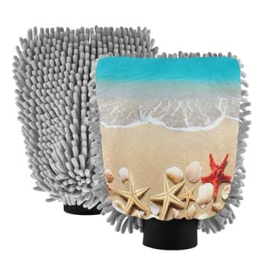 Imagem de STAYTOP Luvas de lavagem de carro estrela-do-mar e conchas de praia, 2 peças, luvas de microfibra de chenille, sem arranhões, panos de esponja de lavagem ultra absorventes para carros, limpeza