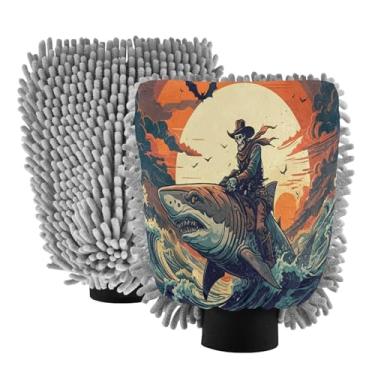 Imagem de STAYTOP Luvas de lavagem de carro Skull Pirates and Sharks, 2 peças, luvas de microfibra de chenille, sem arranhões, panos de esponja de lavagem ultra absorventes para carros, limpeza doméstica - M
