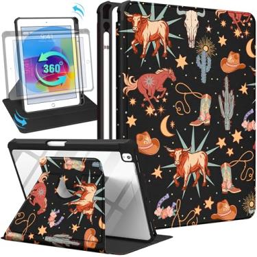 Imagem de Uppuppy Capa para iPad 9ª/8ª/7ª geração para iPad Air 3ª/Pro 10,5 polegadas – Capa inteligente com suporte giratório 360 com suporte para lápis para mulheres, Western Cowboy para Apple Tablet 7/8/9