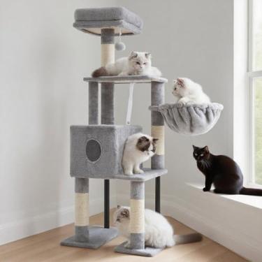 Imagem de Heybly Árvore para gatos, 120 cm, torre para gatos internos, condomínio espaçoso para gatos com espaço oculto, tubo de aço resistente, poleiro superior de pelúcia macia, rede aconchegante e postes
