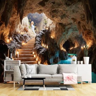 Imagem de Murais de parede de tamanho personalizado, escadaria de pedra de caverna mágica, tecido de parede autoadesivo (sem PVC) papel de parede grande removível para sala de estar, quarto, escritório