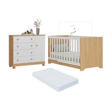 Imagem de Berço Americano 3 em 1 com Colchão Incluso e Cômoda 1 Porta 4 Gavetas Allegra Multimóveis Mp4696 Madeirado/branco