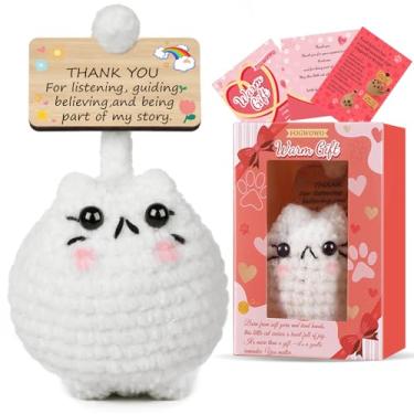 Imagem de FOGWOWO Lindo gato de crochê positivo com suporte emocional presentes inspiradores para amantes de gatos, mulheres, mães, irmãs, amigas, animais de crochê positivos feitos à mão com caixa de presente