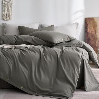 Imagem de JELLYMONI Capa de edredom Queen 100% algodão lavado – Roupa de cama macia e respirável com textura de rugas naturais, fecho de botão, conjunto de 3 peças (cinza escuro, 228 x 228 cm)