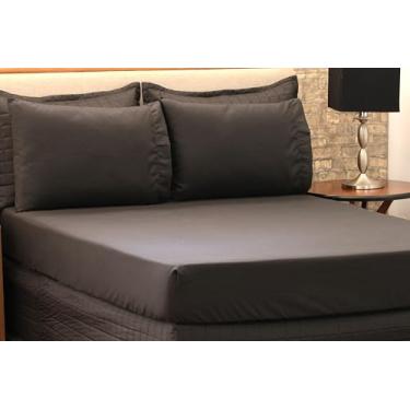 Imagem de Lençol King Avulso com Elástico, Poliéster Microfibra, Tamanho único 203x193cm, Preto, Percal, Liso, 35cm Altura, 300 Fios