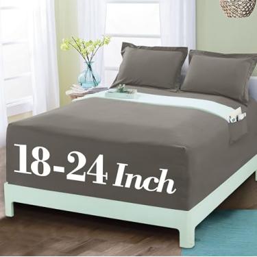 Imagem de Mocassi Lençol com elástico luxuoso 1800 de qualidade premium de hotel – Ultramacio, microfibra resistente a vincos, bolso extra profundo de 45 a 60 cm, lençol com elástico, Queen, cinza