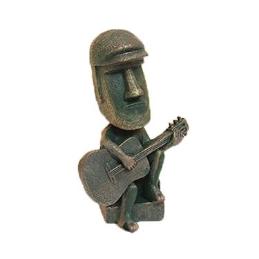 Imagem de Lifexquisiter Decoração de estatueta Moai da Ilha de Páscoa, estátua Moai de guitarra divertida para decoração de escritório em casa, estátua moai retrô para decoração de mesa, tocar guitarra
