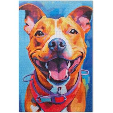 Imagem de Quebra-cabeça de cachorro Pitbull com pintura laranja 1000 peças para adultos arte animal flor único quebra-cabeça divertido bobo