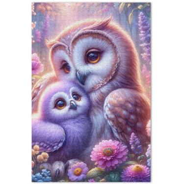 Imagem de Corujas quebra-cabeça floral fofo adulto 500 peças pintura animal decoração arte quebra-cabeça família branco presentes de elefante, 51 x 37 centímetros