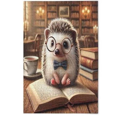 Imagem de Quebra-cabeças aconchegantes vintage com biblioteca de ouriços 1000 peças para adultos, presentes divertidos para elefantes brancos, presentes para homens, arte criativa com flores de animais fofos