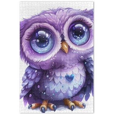 Imagem de Quebra-cabeça de desenho animado de coruja roxa fofa adulto 500 peças arte engraçada pintura animal, 20,5 x 14,9 polegadas
