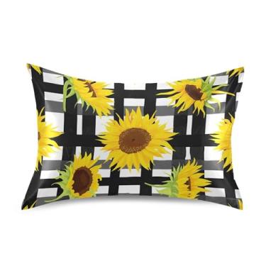 Imagem de Almofadas padrão de girassol amarelo preto branco grade king queen fronhas de cetim legal travesseiro macio refrescante para cama king size 101,6 cm x 50,8 cm