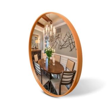 Imagem de Espelho Redondo Decorativo com Couro Costurado e Suporte de Fixação – Espelho de Parede para Sala Quarto Banheiro e Hall 30cm 40cm 50cm 60cm (50cm - Caramelo)