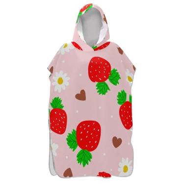 Imagem de Roupão de secagem rápida para adultos poncho de surfe praia banho com capuz bonito vermelho morangos rosa ponchos adultos para mulheres