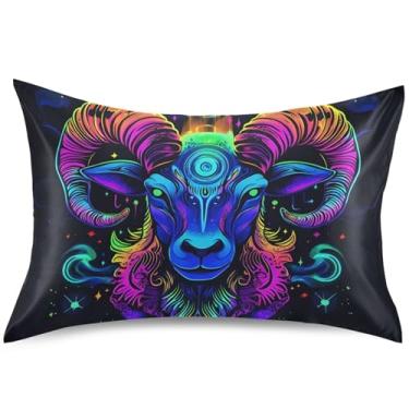 Imagem de Capas de almofada de cetim estilizadas florais de cabra neon para almofada de resfriamento de cabelo, animais King Queen, capa de almofada de cama macia, tamanho Queen, 76 cm x 50 cm