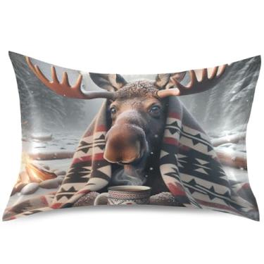 Imagem de Capa de almofada de cetim com estampa de animal de alce engraçado para travesseiros de resfriamento de cabelo, capa de travesseiro padrão King Queen, tamanho padrão, 66 x 50 cm