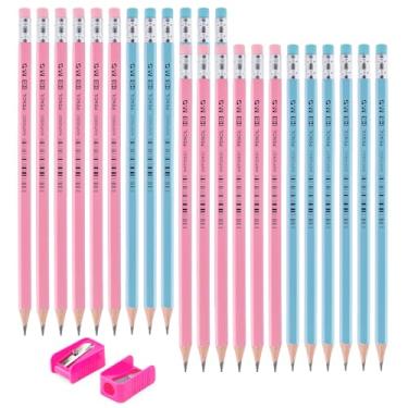 Imagem de M&G Lucky Series Pacote com 24 lápis HB com caixa de madeira, pré-afiados com 2 mini apontadores, lindos barris sólidos hexagonais azuis e rosa com borrachas combinando para escola, escritório, sala