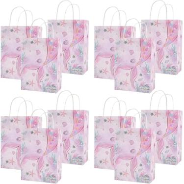 Imagem de 12 peças de sacos de presente coloridos, bolsa de festa de sereia, sacos de papel kraft com alça para aniversários, 15 x 8 x 21 cm