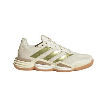 Imagem de adidas Tênis feminino Stabil 16 para uso interno, Branco esbranquiçado/dourado metálico/areia cristalina, 38