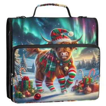 Imagem de Highland Cow Christmas Aurora 3 fichários anel D 1,5 polegada D fichário organizador de fichário organizador de fichário com alça para escola colorido estojo portfólio de armazenamento com alça