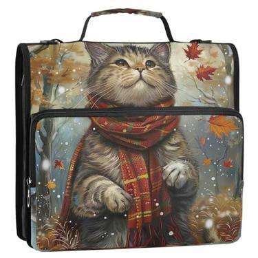 Imagem de Fichário engraçado de gato, folha de outono, 3 cm, 3 anéis, fichário resistente, com alça de ombro para portfólio escolar e suporte de pasta de anel